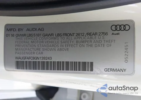 2016 Audi A6 2.0T Premium Plus z USA, uszkodzony, nr VIN WAUGFAFC8GN139243
